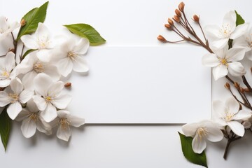A white card surrounded by white flowers and green leaves. Photorealistic AI. Floral background with copy-space.