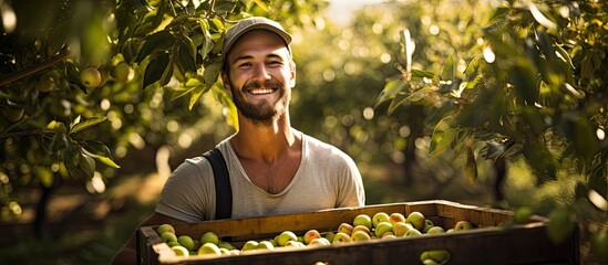 Young man happily working in orchard holding crate of apples with a smile - Powered by Adobe