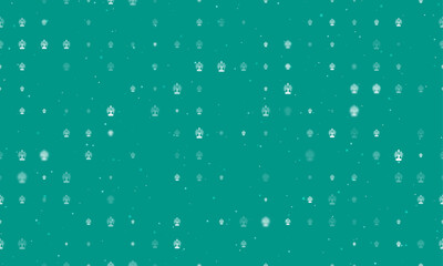 Seamless background pattern of evenly spaced white mystical tree in bottle symbols of different sizes and opacity. Vector illustration on teal background with stars