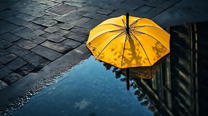 reflection umbrella in puddle, wet asphalt natural background. rainy weather season. flat lay. copy space