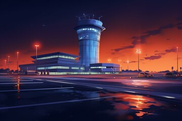 Terminal adjacent runway, tower for air traffic control, empty parking lot. Generative AI