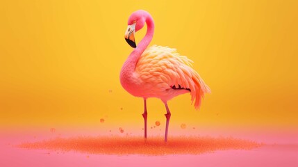 Pink flamingo in yellow background.Generative AI