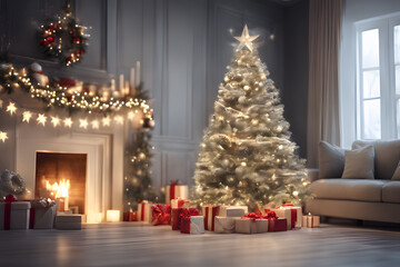 Fototapeta na wymiar Weihnachten mit Geschenken und Weihnachtsbaum mit Kugeln . KI Generated