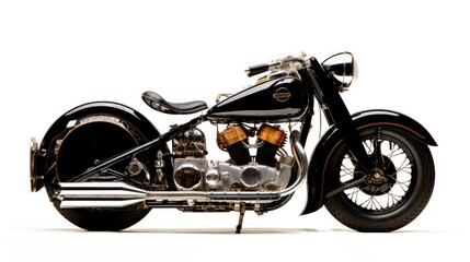 Timeless elegance! A black classic motorcycle stands out against a white backdrop, celebrating vintage style