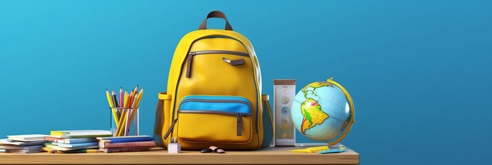 School desk with school accessory and yellow backpack on blue background