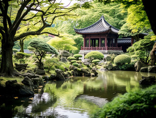 Tranquil Japanese garden landscape setting with pagoda on a bright inspiring sunny day. beautiful calm summer scene.