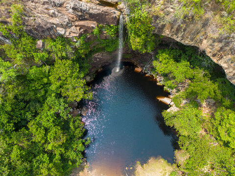 Aerial view of the scenic waterfall Chorro San Luis embedded in a thick, tropical forest near Robor&eacute; in the lowlands of Bolivia - Traveling and exploring South America