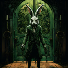 Spooky white rabbit humanoid with long ears in a green robe waiting at the gates of a haunted green castle welcoming wandering strangers. Generative AI