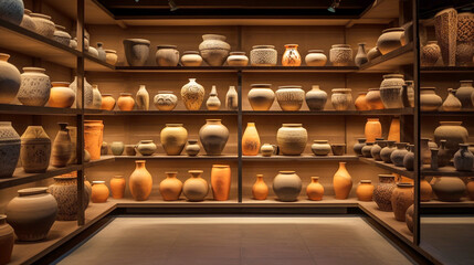 Clay terracotta earthenware, jugs, vases, containers on shelf handicraft pottery shop. Different...