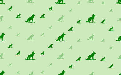 Seamless pattern of large and small green wild wolf symbols. The elements are arranged in a wavy. Vector illustration on light green background