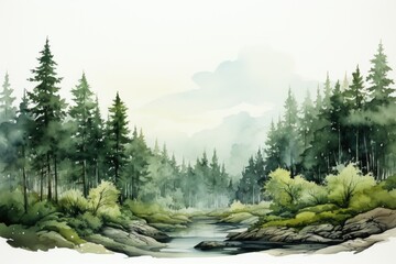 A painting of a river surrounded by trees. Imaginary illustration.