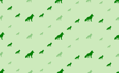 Seamless pattern of large and small green wolf symbols. The elements are arranged in a wavy. Vector illustration on light green background