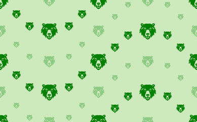 Seamless pattern of large and small green bear head symbols. The elements are arranged in a wavy. Vector illustration on light green background