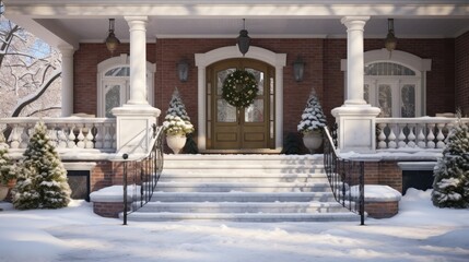 Fototapeta na wymiar Winter's embrace. A snow-covered house of bricks, stone steps, and a welcoming entrance canopy.