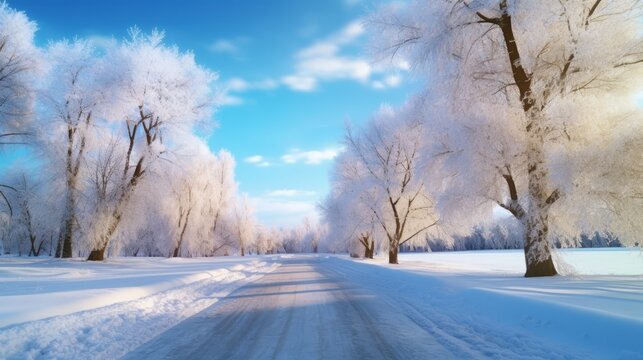 Photo of a serene winter landscape with snow-covered road and trees