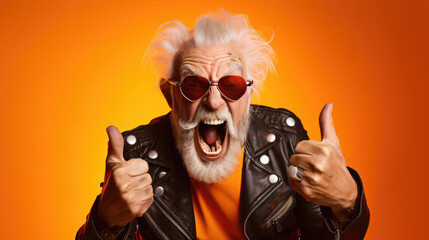 Senior man wearing colorful clothes standing over orange background doing happy thumbs up gesture with hand. - obrazy, fototapety, plakaty
