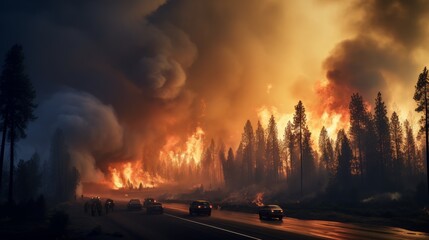 dangerous forest fire near a highway - obrazy, fototapety, plakaty