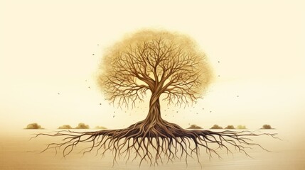 illustration of a tree with deep roots - obrazy, fototapety, plakaty