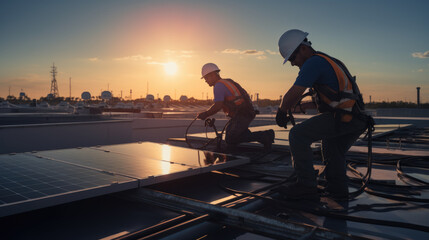 Engineers check the performance of solar panels before sunset. - obrazy, fototapety, plakaty