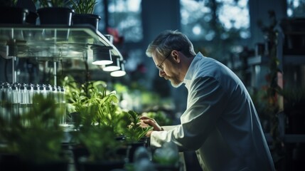 botanist inspecting plants in a lab - obrazy, fototapety, plakaty