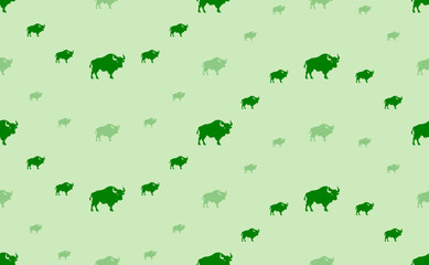 Seamless pattern of large and small green buffalo symbols. The elements are arranged in a wavy. Vector illustration on light green background