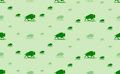 Seamless pattern of large and small green wild buffalos. The elements are arranged in a wavy. Vector illustration on light green background