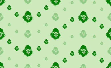 Seamless pattern of large and small green gorilla head symbols. The elements are arranged in a wavy. Vector illustration on light green background