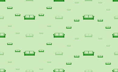 Seamless pattern of large and small green sofa icons. The elements are arranged in a wavy. Vector illustration on light green background