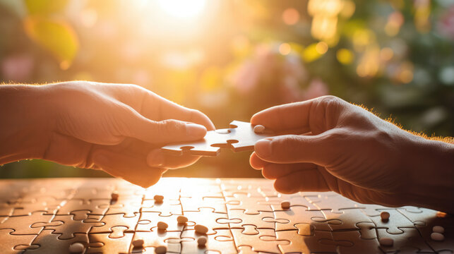 Concept of teamwork and partnership. Hands join puzzle pieces on sunny background.