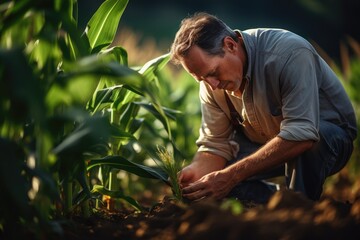 The farmer examining of corn on green farm at sunset, AI Generated - obrazy, fototapety, plakaty