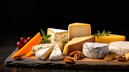 Set of different cheeses on wooden desk on black background