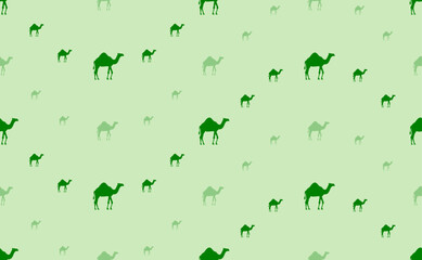 Seamless pattern of large and small green camel symbols. The elements are arranged in a wavy. Vector illustration on light green background