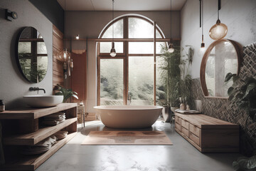 Boho style interior of bathroom with big window in a house.