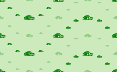 Seamless pattern of large and small green vintage car symbols. The elements are arranged in a wavy. Vector illustration on light green background