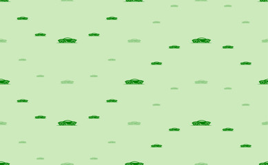 Seamless pattern of large and small green future car symbols. The elements are arranged in a wavy. Vector illustration on light green background