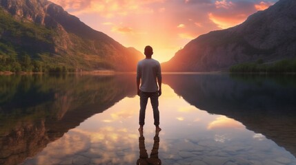 Young male standing in front of a warm summer sunrise.Generative AI