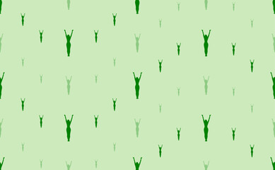 Seamless pattern of large and small green woman stretches symbols. The elements are arranged in a wavy. Vector illustration on light green background