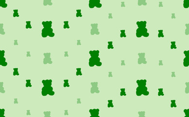 Seamless pattern of large and small green teddy bear symbols. The elements are arranged in a wavy. Vector illustration on light green background