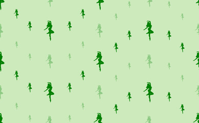 Seamless pattern of large and small green ballerina symbols. The elements are arranged in a wavy. Vector illustration on light green background