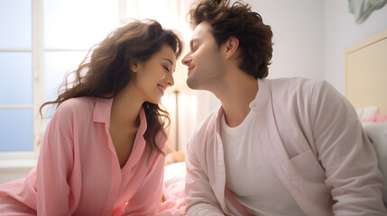 Naklejka premium Happy couple making love together in bed room