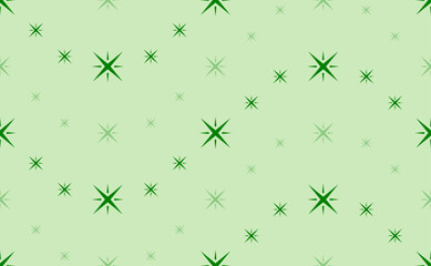 Seamless pattern of large and small green star symbols. The elements are arranged in a wavy. Vector illustration on light green background