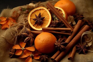 Arrangement of dried oranges, cinnamon, and star anise. Festive decor. Generative AI