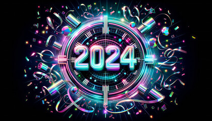 Illustration of a futuristic digital clock displaying '2024' with glowing neon numbers, surrounded by holographic confetti and streamers against a dark background. - obrazy, fototapety, plakaty