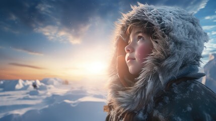 Innocence in the Arctic. A young boy lies on the pristine snow of the North Pole, captivated by its serene beauty