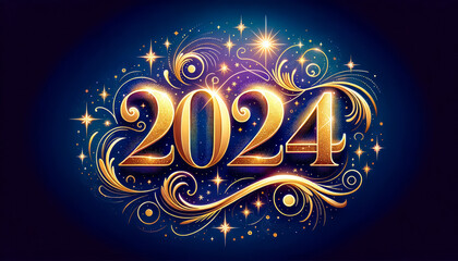 Vector design of the New Year 2024 made of golden sparkles and stars, set against a gradient blue to purple background, with elegant swirls and patterns surrounding it