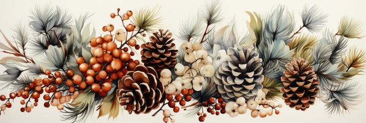 A painting of a bunch of pine cones and berries. Imaginary illustration.