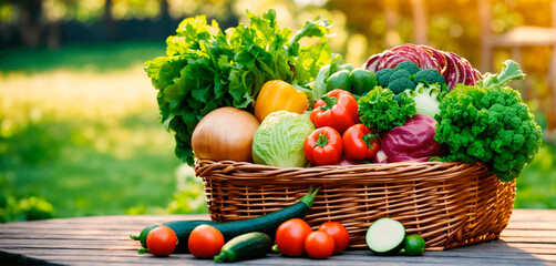 Close-up on a basket with organic fresh vegetables on blurred garden. Healthy lifestyle.