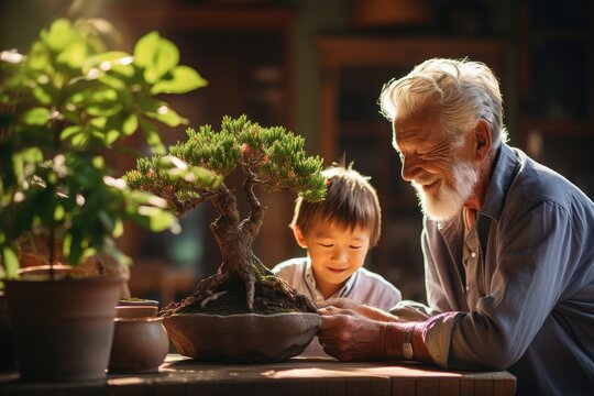 Retired grandfather use scissors to decorate the branches of a new bonsai tree. AI Generated