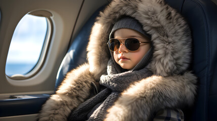 Cute young boy  on plane window seat wearing a fluffy jacket