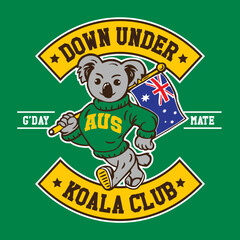 Hand Drawing Vector Illustration Koala Holding Australian Flag in Patch Design Style Down Under Koala Club